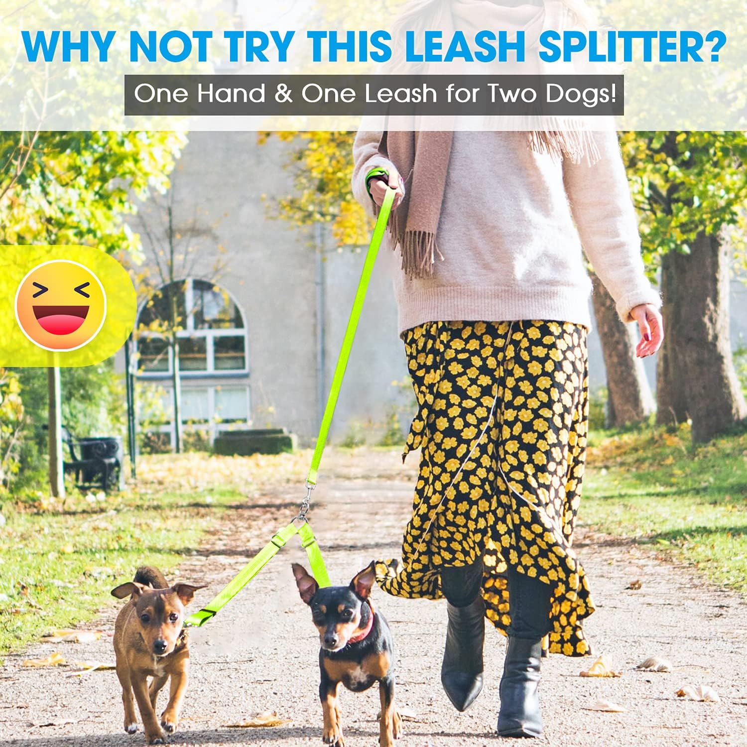 Double Dog Leash Splitter, Tangle Free Dual Dog Leash Coupler, Two Dog Walking and Training Extension for Small Medium or Large Dogs (1.0'' X 20~32 Inch, Green)